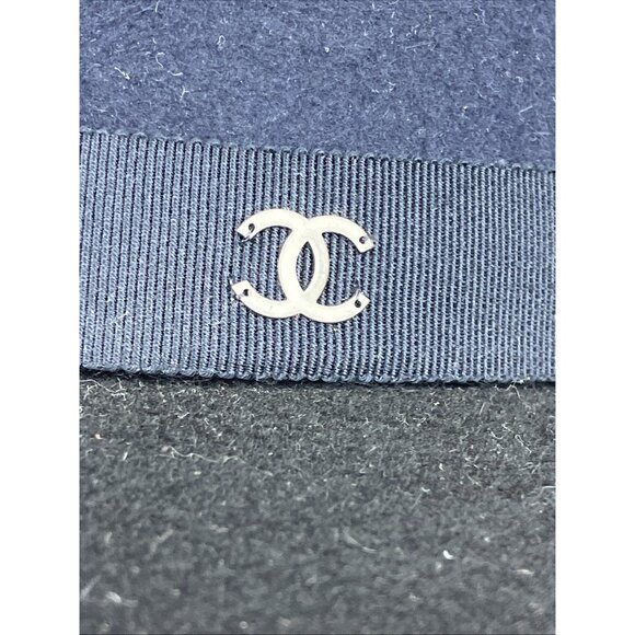 22 M Auth Chanel Wide Brim Felt Hat Black Navy CC Logo - Picture 12 of 12